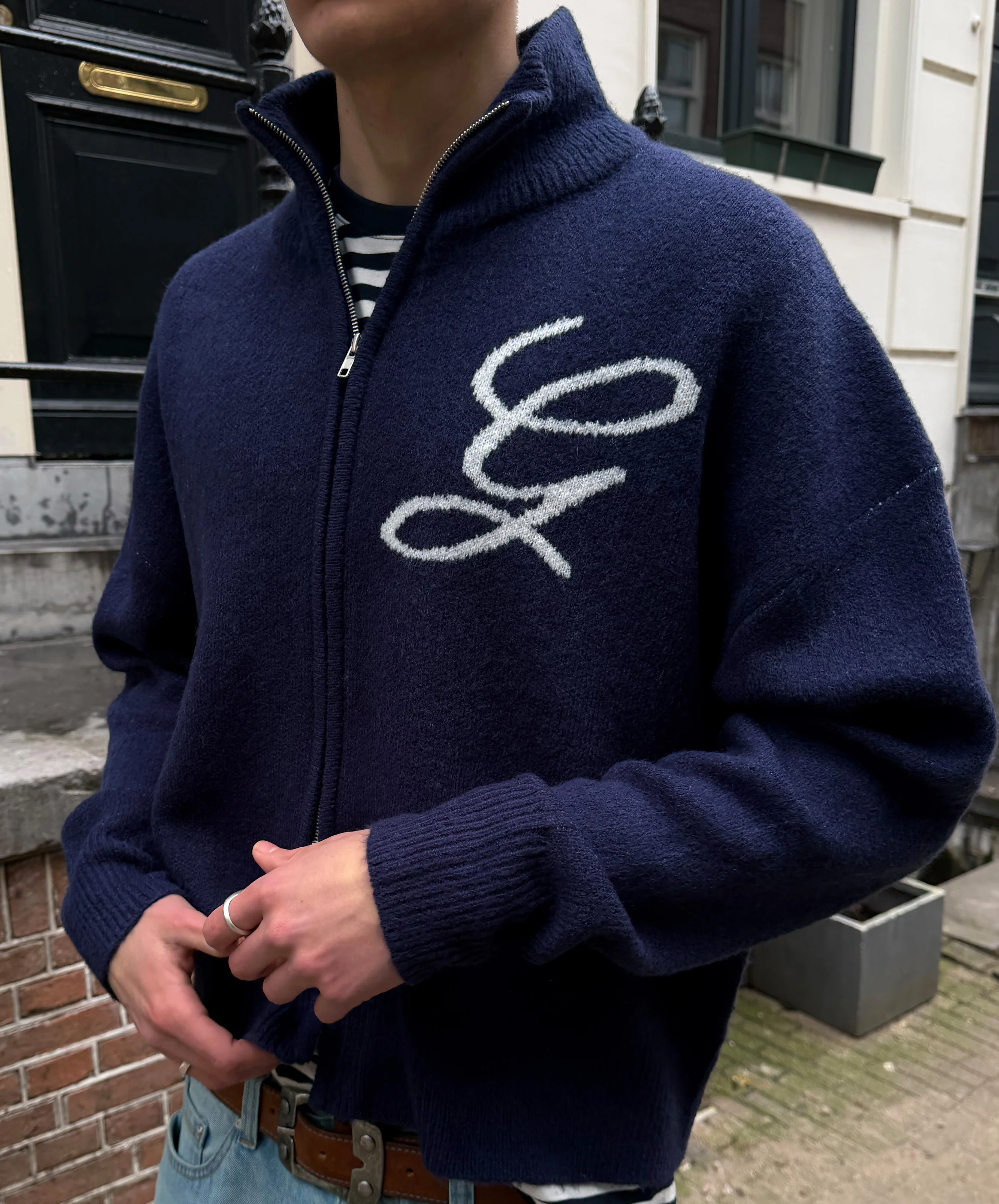 G'S Knitted Zipper Navy - Image 2